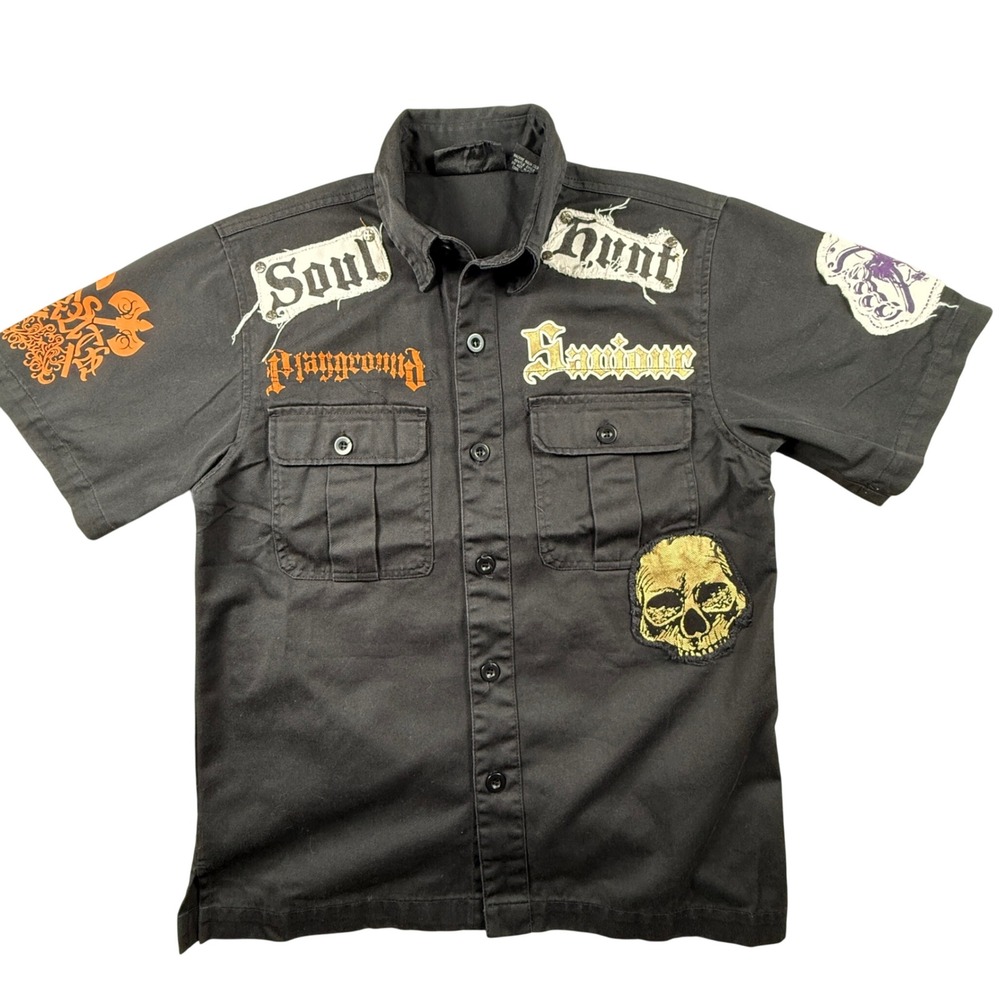 Raw Blue Mens Short Sleeve Button Down Shirt Black Skull Tribal Death Patches M